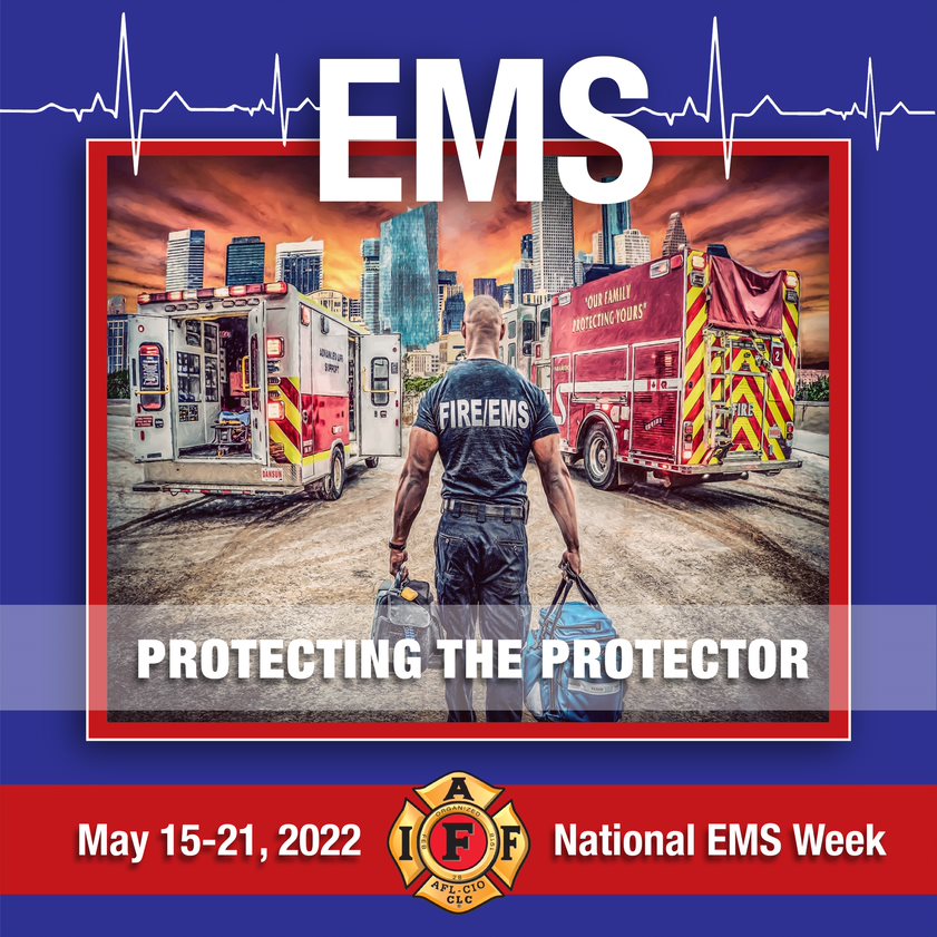 AFFI1935's tweet photo. During national #EMSWeek, the #IAFF would like to remind its members while operating on the roadway park apparatus to provide a safe zone to operate in, wear reflective vests and use situational awareness. #ProtectingtheProtector https://t.co/7mYNzS8AwP