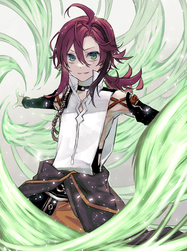 1boy male focus green eyes red hair solo streaked hair ahoge  illustration images