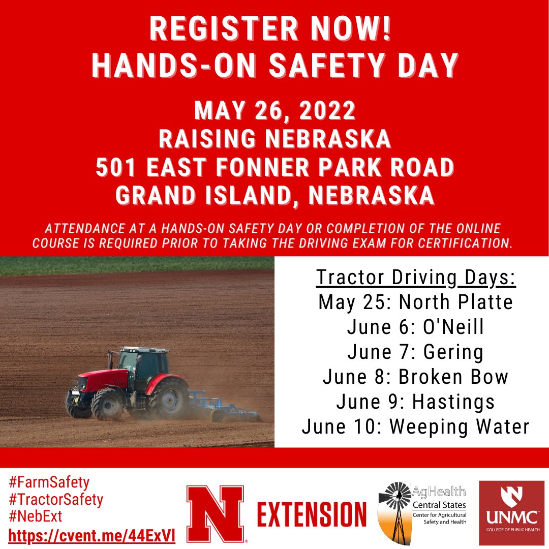 UNMC Central States Center for Ag Safety & Health (@unmccscash) on Twitter photo Nebraska Hands-On Safety Day scheduled for 5/26 in Grand Island! Teens 14-15 who work on farms (& others interested) can register for this event & then complete the Tractor and Equipment Safety Course driving exam. cvent.me/44ExVl #FarmSafety #TractorSafety <a href="/UNLExtension/">Nebraska Extension</a> Nebraska Hands-On Safety Day scheduled for 5/26 in Grand Island! Teens 14-15 who work on farms (& others interested) can register for this event & then complete the Tractor and Equipment Safety Course driving exam. cvent.me/44ExVl #FarmSafety #TractorSafety <a href="/UNLExtension/">Nebraska Extension</a>