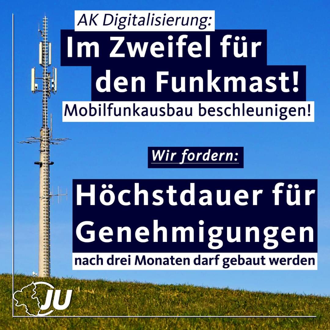 JURLP's tweet photo. Der flächendeckende #Mobilfunkausbau in #Deutschland muss weiter beschleunigt werden! 📶
Der Arbeitskreis #Digitalisierung der #JURLP fordert daher die lange überfällige Harmonisierung der Ländergesetze. https://t.co/FCL8q7MhqM