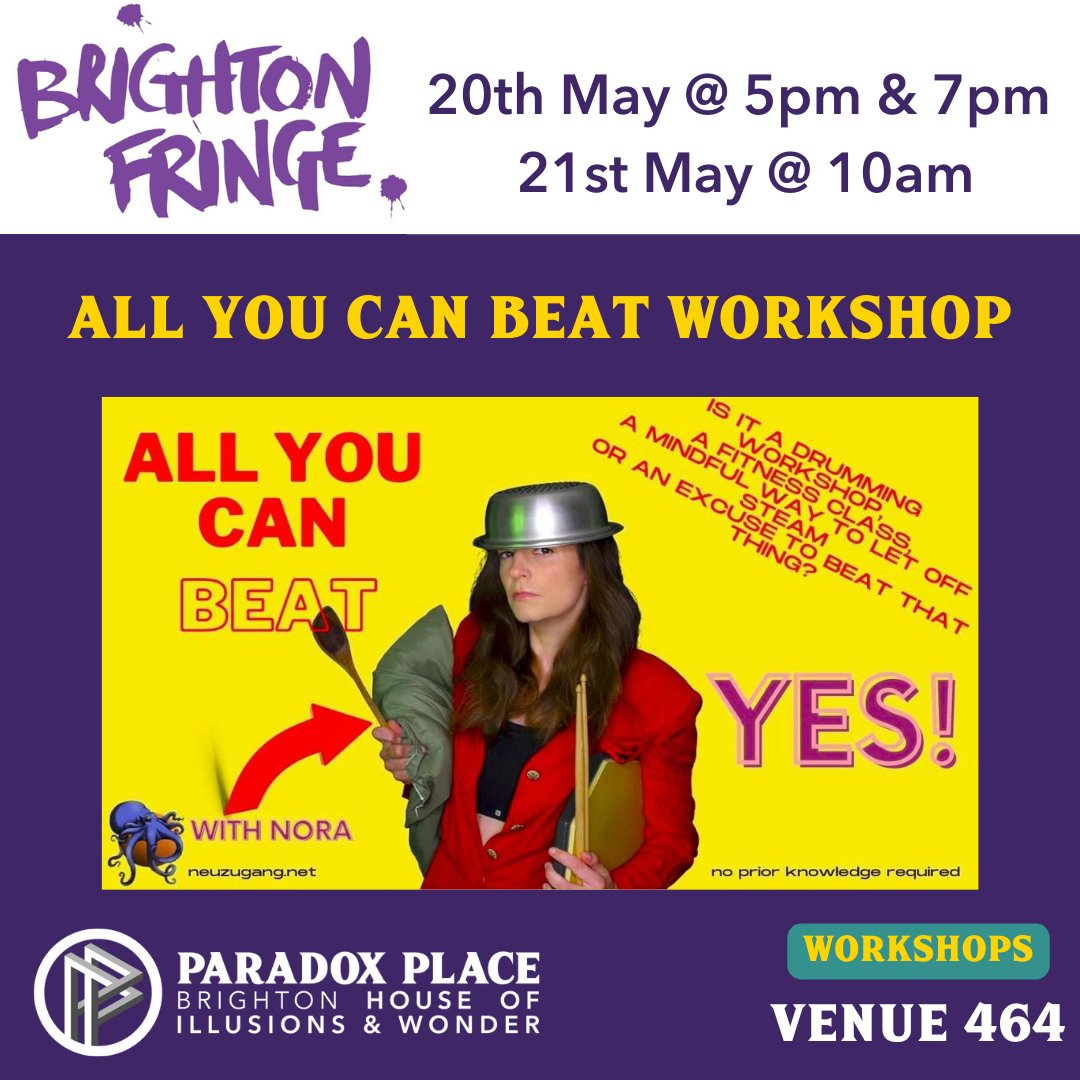 paradoxplaceBTN's tweet photo. ๐ฅAll You Can Beat Workshop.
Is it a drumming class, a mindful way to get rid of stress hormones, some sort of fitness or just an excuse to Hit That Thing? YES!
#brightonfringe #curiouslyfringe #brightonfringeshow #fringevenue #brightonworkshop #drummingworkshop https://t.co/OlXvYHB3TV