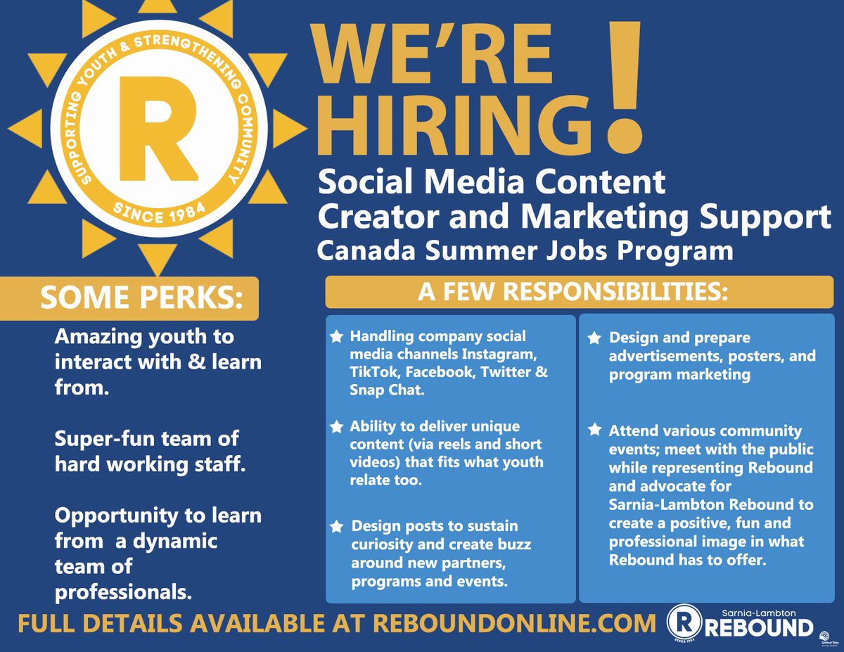 We have an exciting opportunity available for a Social Media Content Creator and Marketing Support person, made possible by the Canada Summer Jobs Program. Open to people aged 15-30 yrs and will run for 8 weeks during the summer of 2022. Visit reboundonline.com for details.