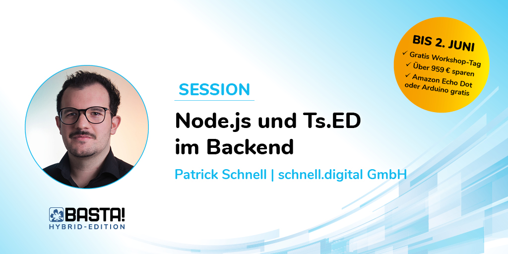 BASTAcon's tweet photo. Mit #NodeJS und #TsED gelingt #DotNET Entwicklern der Umstieg in die neue Welt. @Patrick_Schnell stellt dir in seiner Session die Konzepte dieses #Frameworks vor und welche Vergleiche man zu #DotNET #WebAPIs ziehen kann. Alles auf nur auf der #bastacon >> https://t.co/hT8hmB29IL https://t.co/a2gVizD7T7