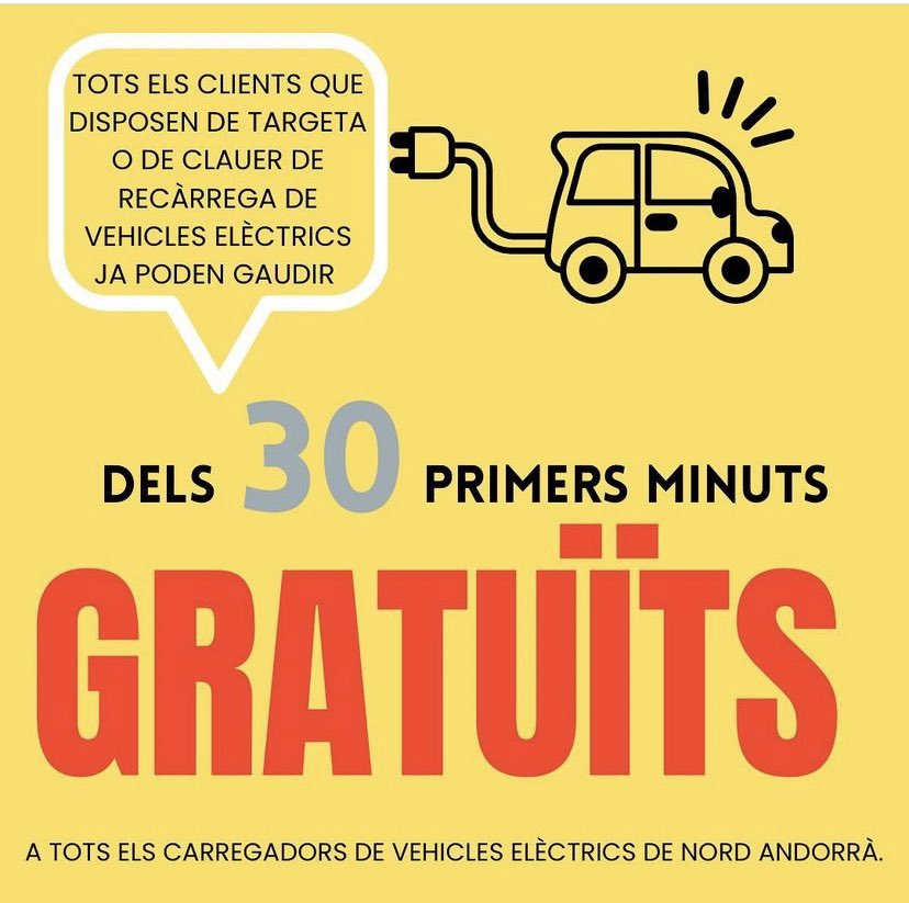 Ara als carregadors de Nord Andorrà de la via pública tens 30min gratuïts per carregar. Els que són propietat del Comú d'Ordino també! <a href="/comusantjulia/">Comú Sant Julià</a> <a href="/ordinoesviu/">ordinoesviu</a>