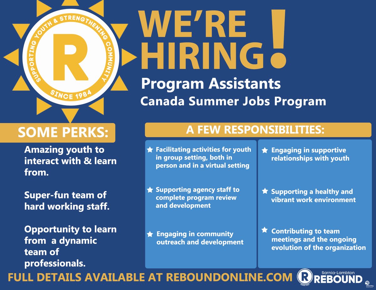 We have an exciting opportunity available for Program Assistants, made possible by the Canada Summer Jobs Program. Open to people aged 15-30 yrs and will run for 8 weeks during the summer of 2022. Visit reboundonline.com for details.