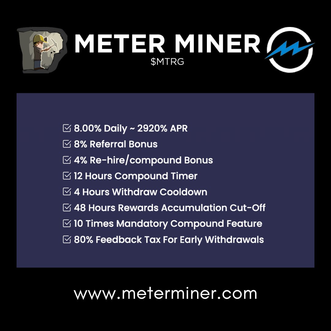 MeterMiner's tweet photo. 8% Daily ~ 2,920% APR on your $MTRG ⚡
Compound for 6 days, harvest 1 day a week. 
🔥 Mining game is now at #Meter network.
💻 https://t.co/Ao30camMJ4 🚀

#defi #crypto #cryptocurrency #passiveincome #defiyield https://t.co/ngG4AJFMhu