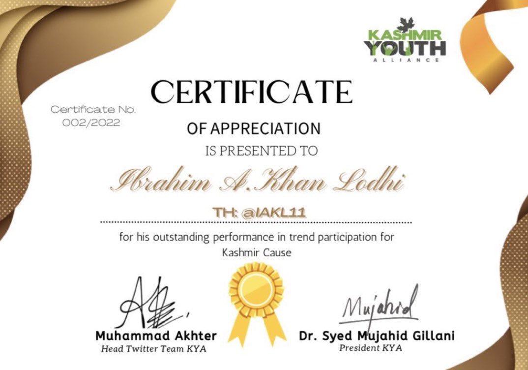 IAKL11's tweet image. @KYASpeaks, Presented me the
&apos;Appreciation Certificate&apos; on my commendable  contribution for #kashmir cause .
ALHAMDULILLAH🤲🏻
I am happy  that ALLAH S-W-T has given me strength and power for this great cause. 
@KYACentral #FreeKashmir #Pakistan