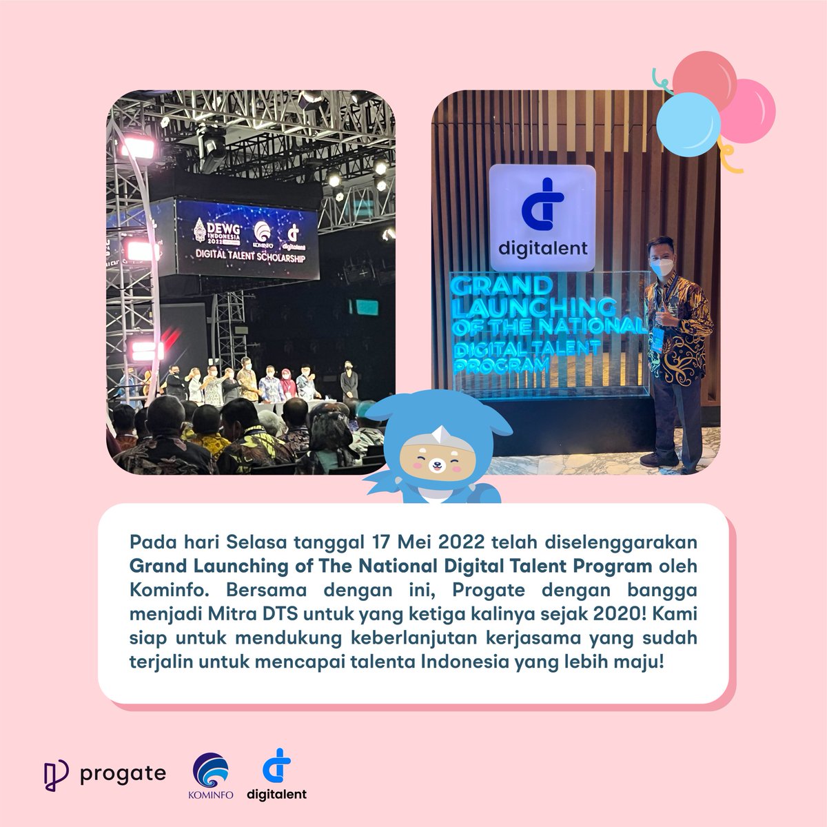 readysetcodeid's tweet photo. MinKen mau live report nih! Hari ini telah diselenggarakan Grand Launching of The National Digital Talent Program oleh Kominfo. Progate dengan bangga kembali menjadi Mitra DTS di Tahun 2022 ini!

#ProgatediDTS #belajarcoding #ambillangkahmu #bersamaprogate #youcancodewithus https://t.co/73wI2ass5r
