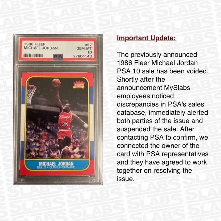 MySlabsOfficial's tweet photo. Yes indeed! These guys tried to sell a 1986 Fleer MJ for $171K in May of 2022. Hours later the MySlabs team noticed something was off and thwarted the scheme by notifying the buyer, Paypal, PSA, and law enforcement.

The original post:
https://t.co/9FXtpEuXg2

@darrenrovell