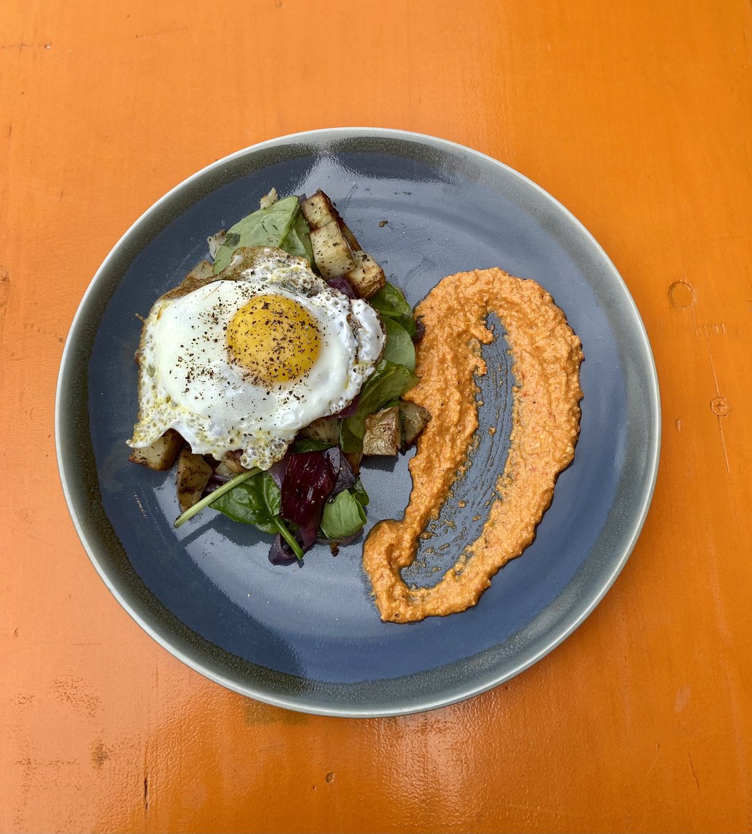 🌞 Sheaf St Hash 

Twice cooked potato and onion hash on a bed of spinach served with romesco sauce and topped with a fried egg 🍳