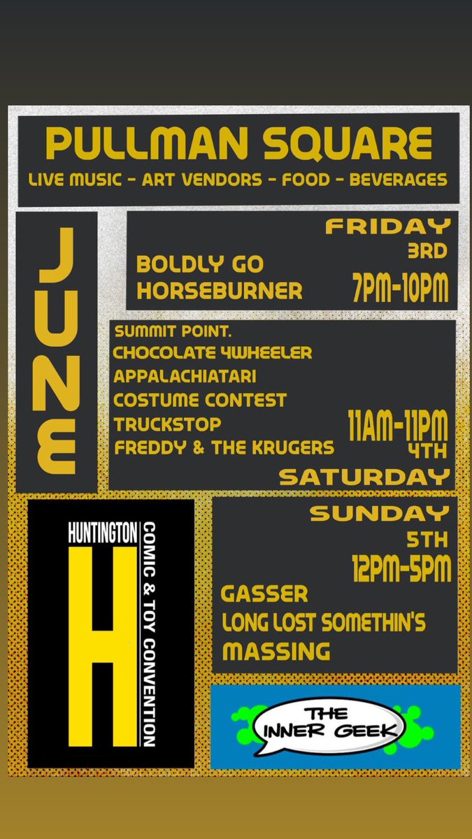 We are playing the Huntington Comic and Toy Convention on June 3rd! 
FREE to the public, outside in Pullman Square. Come see us! ❤️🖖