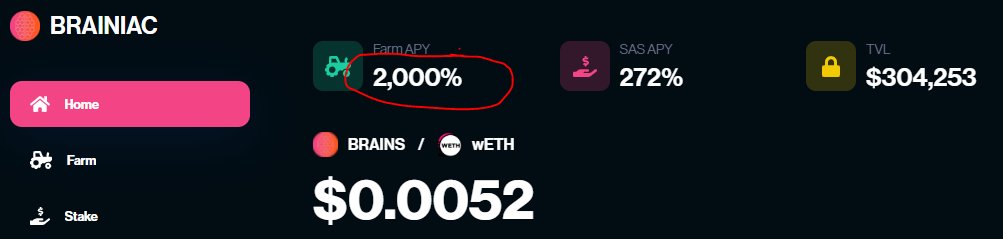 Kaizer Chief (@kaizer_crypto15) on Twitter photo If you're looking for sustainable passive income, just use your $brains
Chart has bottomed, only up from here. Also remember that APY goes up when TVL goes up ๐ค
Currently sitting at a comfy 2000% โ๏ธ
Ultra low mcap, mega pump incoming โ๏ธ๐
<a href="/BrainiacFarm/">Brainiac Farm</a> #defiyield $eth $gmt If you're looking for sustainable passive income, just use your $brains
Chart has bottomed, only up from here. Also remember that APY goes up when TVL goes up ๐ค
Currently sitting at a comfy 2000% โ๏ธ
Ultra low mcap, mega pump incoming โ๏ธ๐
<a href="/BrainiacFarm/">Brainiac Farm</a> #defiyield $eth $gmt