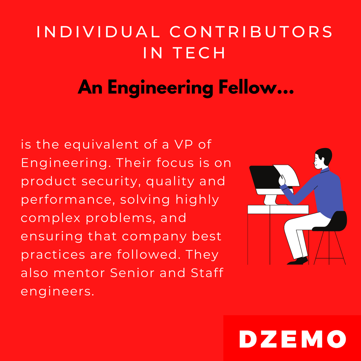 DzemoRecruiting's tweet photo. An Engineering Fellow is the highest IC role in software engineering. Some companies have Senior Engineering Fellows though.

Who is an Engineering Fellow?

See graphic #individualcontributor #engineering #tech #career #growth #management #like #people https://t.co/b8fuBlupqi