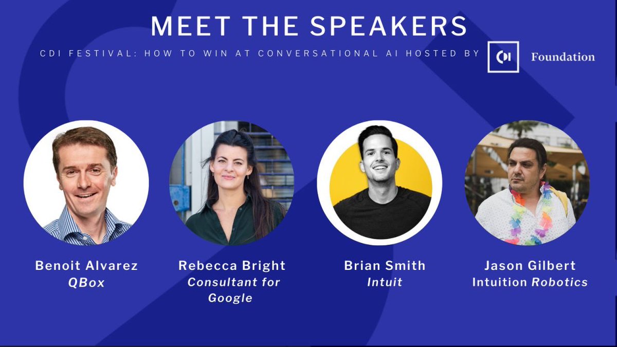 CDInstitute_'s tweet photo. Say hello to the next group of Speakers for the #CDFest

-Benoit Alvarez, CEO, QBox
-Rebecca Bright, Creative Business Partner, Consulting for Google
-Brian Smith, Senior Product Manager, Conversational AI, Intuit
-Jason F. Gilbert, Multi-Modal Designer, Intuition Robotics https://t.co/NRfleAegC2
