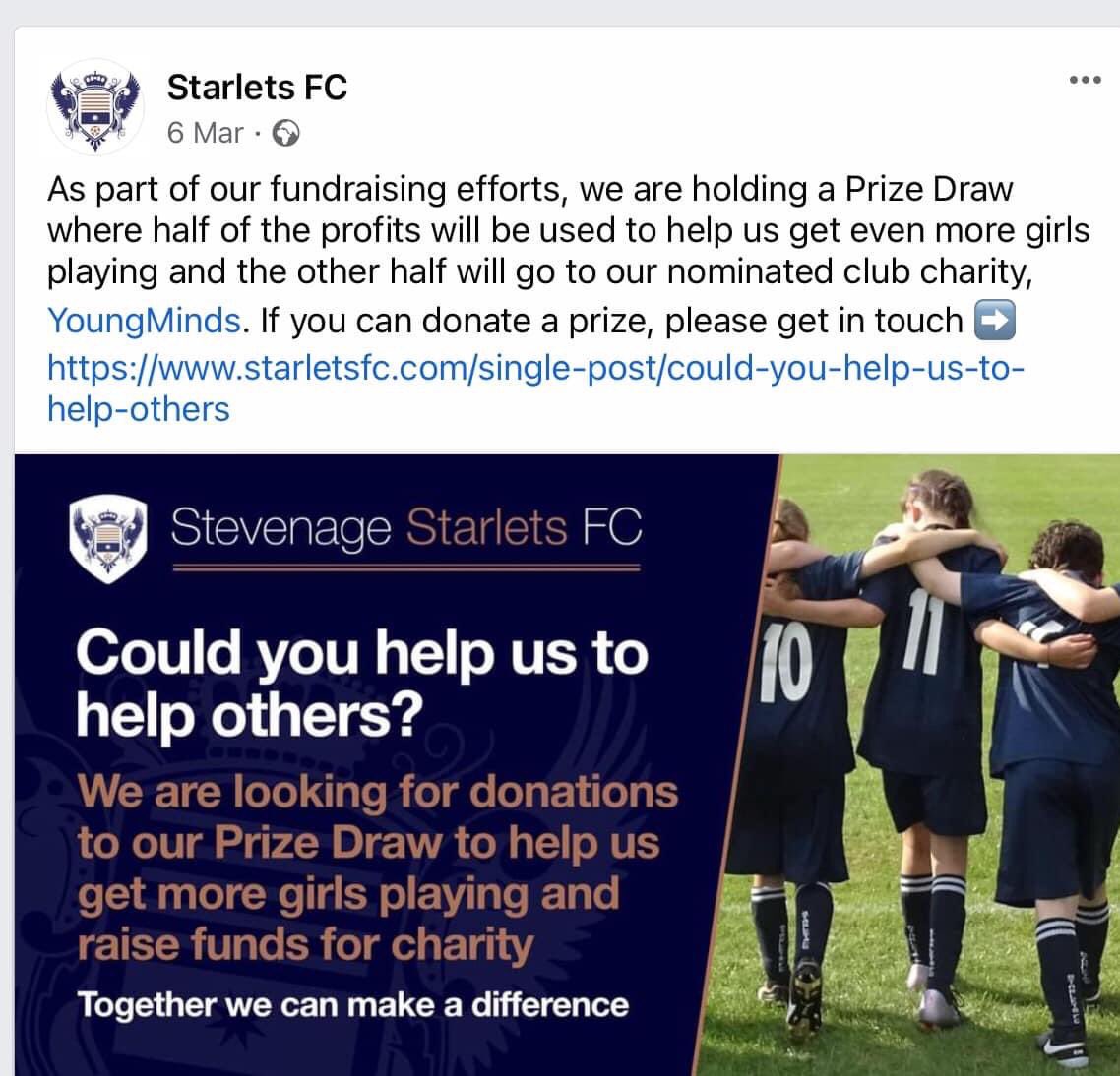 TabbyBat's tweet image. Stevenage Starlets FC are fundraising for the Charity Young Minds &amp;amp; Starlets FC. ⚽️🌟
This taking place on our Presentation Day in July.💫⚽️💫
If anyone would like to donate any prizes… or local Businesses who would like to donate a prize, it would be gratefully received.
