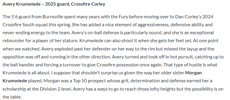 <a href="/averykrumwiede/">Avery Krumwiede</a> is a special player and we are truly blessed to have her on our squad.  Her defense, speed, and ball-handling skills make her a game-changing guard.  

<a href="/CrossfireGHoops/">Crossfire Girls Hoops MN AAU</a>