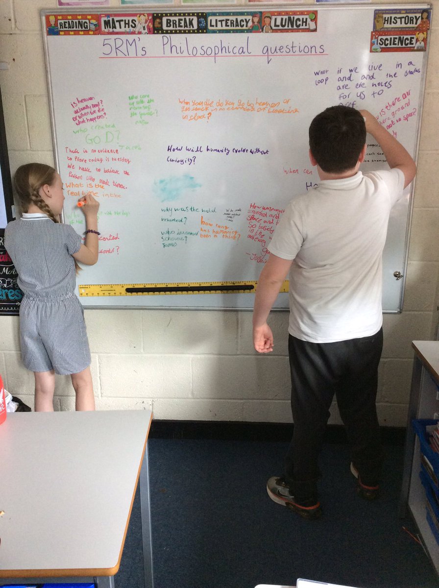 Broad_Square's tweet photo. Year 5 have been learning about famous Greek Philosophers in History today. We had a ‘Philosophical Questions’ board open for the afternoon and wrote our wonderings on the board. Our brains hurt!
#BSHistory #BSP4C https://t.co/I4hsKV6JXd