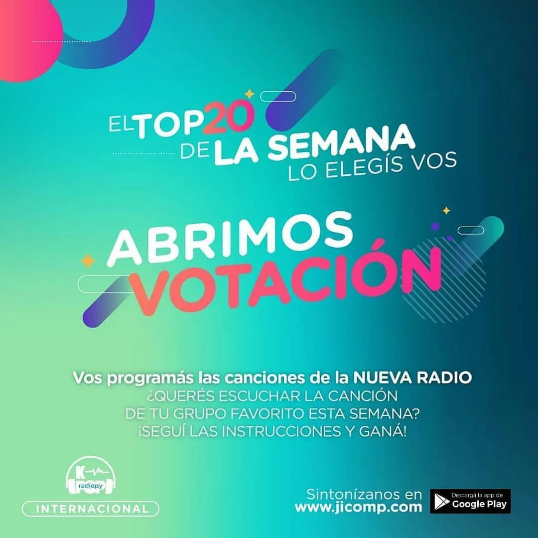 ☺️ Solo serán válidos los votos que sigan la consigna ☺️

📡 Votación Top 20 📲
*KPOP RADIO INTERNACIONAL*

💬 Comentá este post con el Grupo/Artista que querés escuchar así:

《Voto por "La canción" + #.Grupo/artista + @ Delgrupo/artista + #KpopRadioPy》