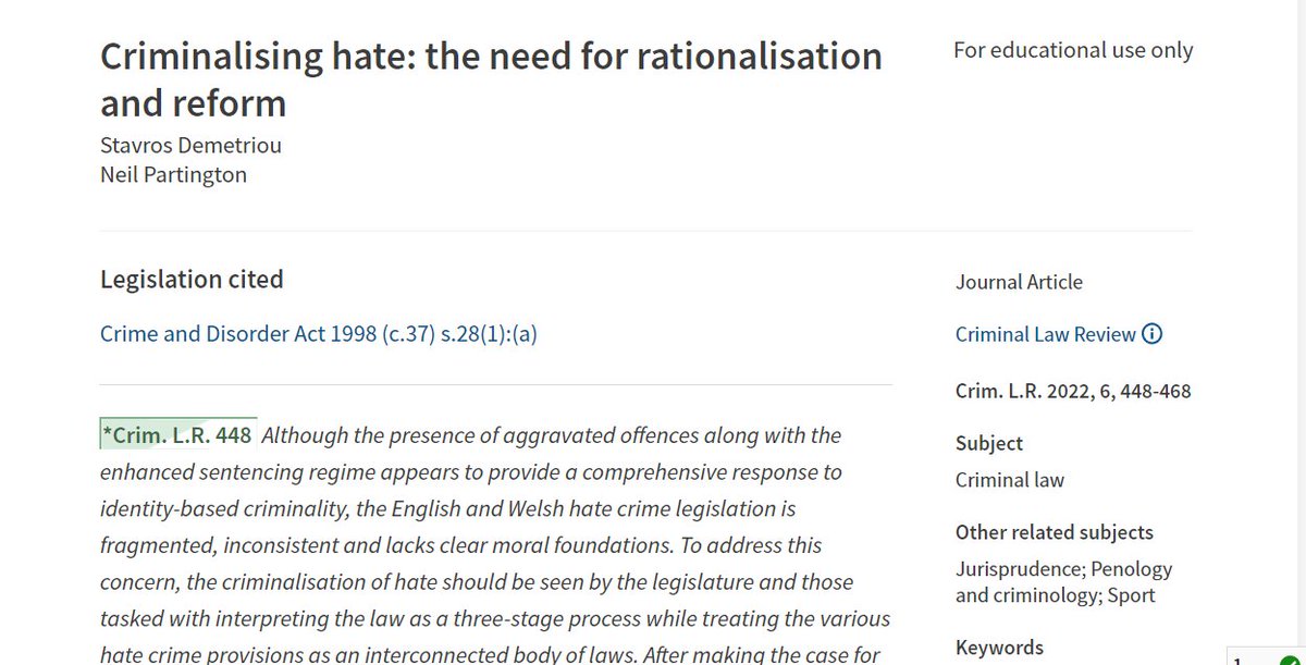 Neil Partington (University of Sussex) and I wrote a paper on the criminalisation of hate. You can now find it in Issue 6 of the Criminal Law Review <a href="/SussexLaw/">Sussex Law</a> <a href="/SussexCRC/">Sussex Crime Research Centre</a> #racism #football #HateCrime