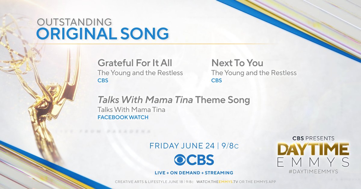 Daytime Emmys (@daytimeemmys) on Twitter photo The #DaytimeEmmys nominees for Outstanding Original Song are "Grateful For It All" (<a href="/YandR_CBS/">Young and Restless</a>, <a href="/CBS/">CBS</a>), "Next To You" (<a href="/YandR_CBS/">Young and Restless</a>, <a href="/CBS/">CBS</a>), and @beyonce (Talks With Mama Tina, <a href="/FacebookWatch/">facebookwatch</a>). The #DaytimeEmmys nominees for Outstanding Original Song are "Grateful For It All" (<a href="/YandR_CBS/">Young and Restless</a>, <a href="/CBS/">CBS</a>), "Next To You" (<a href="/YandR_CBS/">Young and Restless</a>, <a href="/CBS/">CBS</a>), and @beyonce (Talks With Mama Tina, <a href="/FacebookWatch/">facebookwatch</a>).