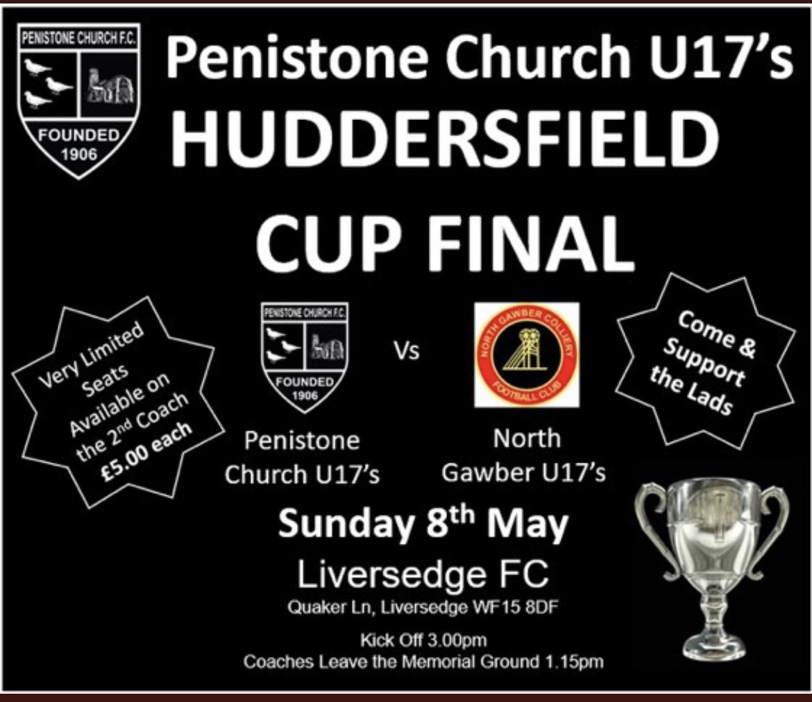 No hiding the biggest game this weekend !

On Sunday afternoon why not get over to Liversedge to back the U17’s in their Cup Final.

For those booked on the coaches they leave at 1:15pm prompt. 

#UpTheChurch