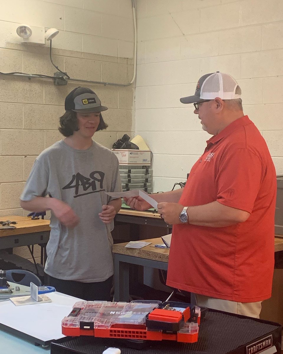 ACHS student and SkillsUSA State Champion Drew Flores received surprise donations from Gulf States Saw &amp; Machine, Electro-Mechanical Integrators, and Scott and Nanette Stanford to further develop his self-designed CNC Router. #averycte #CTEforNC