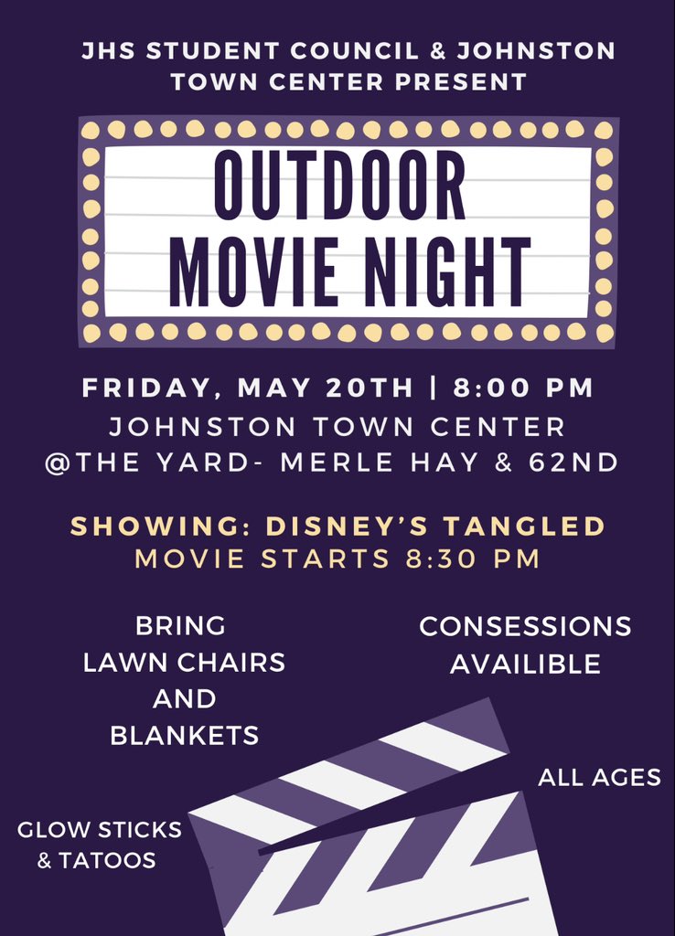 On May 20th at the Johnston Town Center we will be hosting an outdoor movie!! This event is for all ages, starting 8:30pm we will be showing Disney’s Tangled. Bring lawn chairs & money for concessions - get ready for some fun!! 🎥🍿