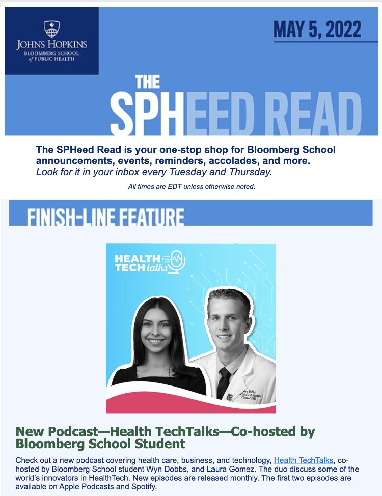 HealthTechtalks's tweet image. Thank you for the feature @JohnsHopkinsSPH! Excited to release our next episodes!

#podcast #healthtech #healthcare #business #startups #tech