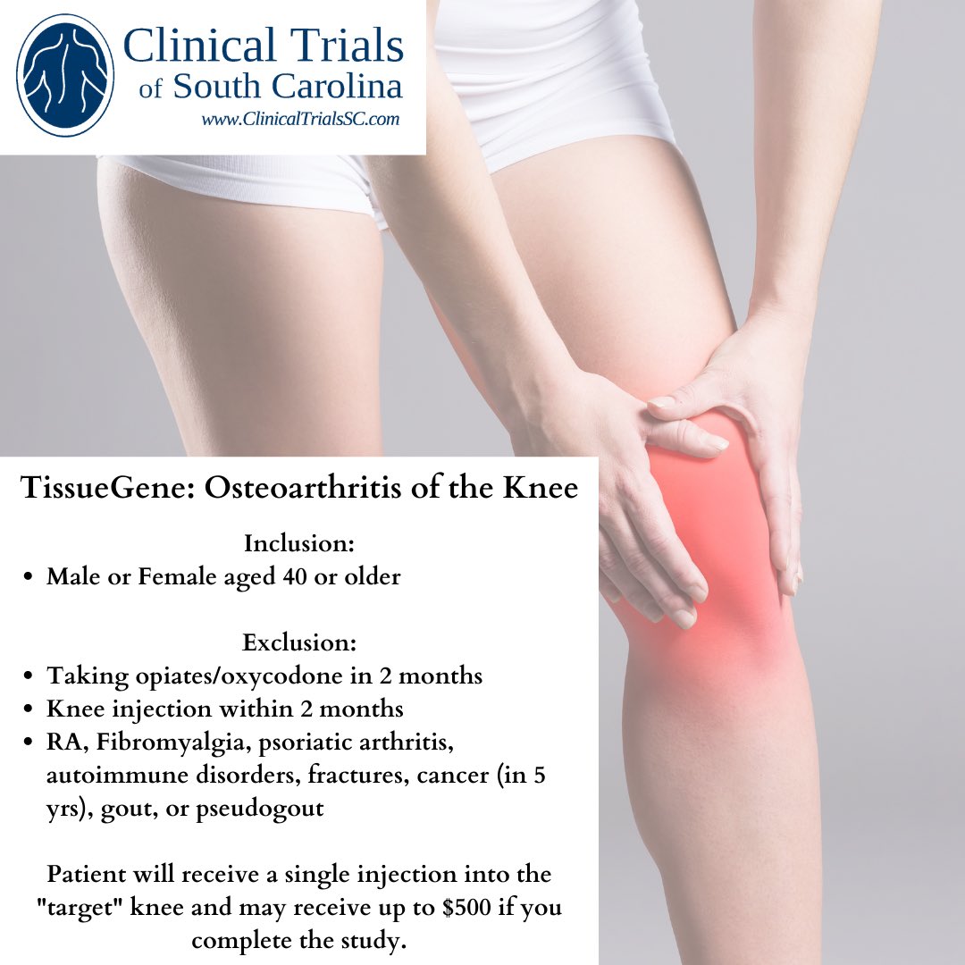 ClinicTrials_SC's tweet photo. Call us today at 843-789-3907 or visit our website https://t.co/bJFWe8YfKe to see if you qualify!

#ClinicalTrialsOfSouthCarolina
#SC #ClinicalTrials #Knee https://t.co/D9k22rSpIO