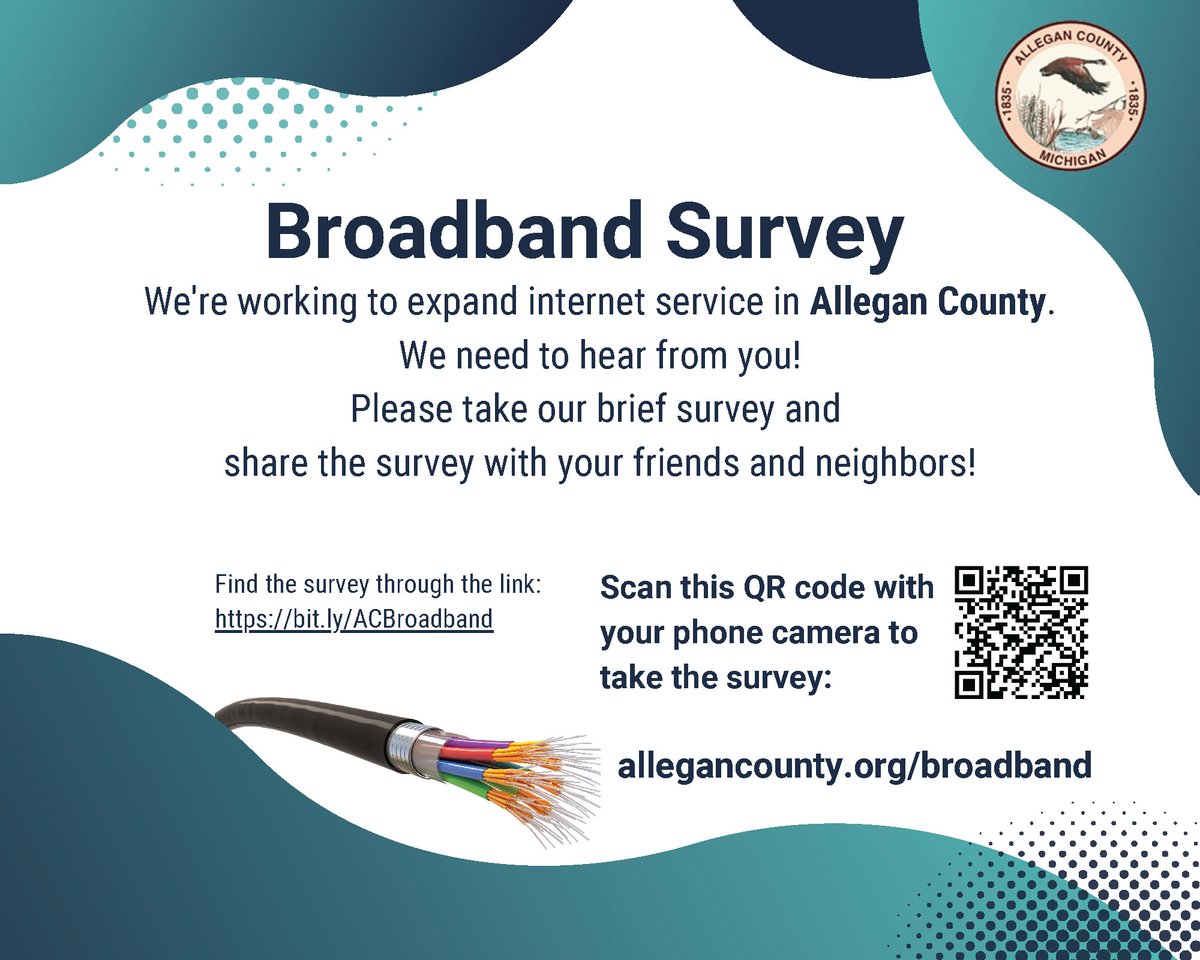 We're working to expand internet service in Allegan County. Please take a brief survey and share the survey with your friends and neighbors!
Scan the QR code with your phone camera to take the survey.
Find the survey through the link: bit.ly/ACBroadband