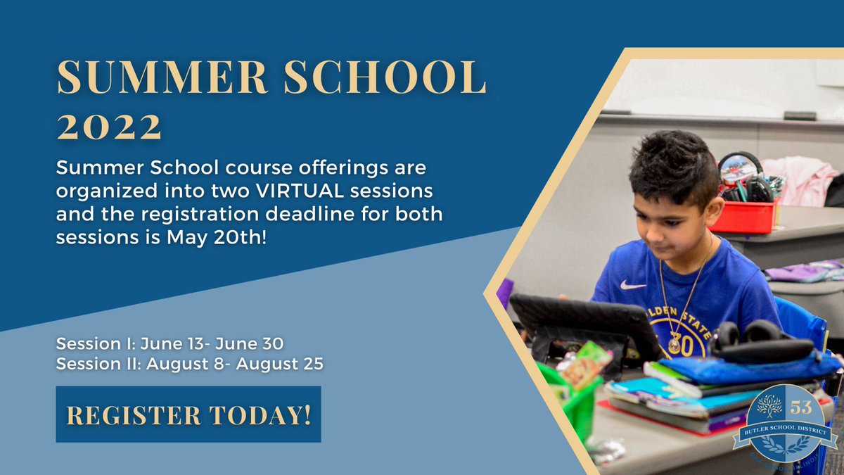 ButlerSD53's tweet photo. The Summer School registration deadline is fast approaching! 🍎 

Visit our website to view the 2022 Summer School Offerings &amp; to register. Each course will be held 4 days per week, ending by noon, &amp; be taught by #D53 teachers. All courses are VIRTUAL. https://t.co/CGzUrBNKpq https://t.co/0nmwilYXNw