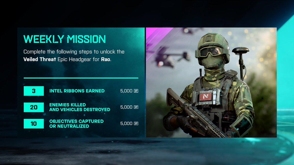 A screenshot of the specialist Navin Rao from Battlefield 2042 with the Veiled Threat Epic Headgear.

To unlock the Veiled Threat Epic Headgear complete the following challenges:

3 Intel Ribbons Earned
20 Enemies Killed and Vehicles Destroyed
10 Objectives Captured or Neutralized
