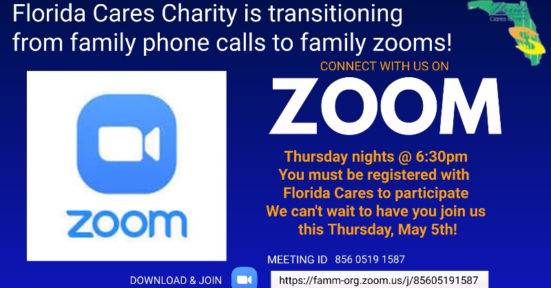 FAMMFoundation's tweet photo. Are you in Florida? Got a loved one in Prison? Need help? Perhaps all three! 

If you want to get involved locally or need advice join @florida_cares Weekly Statewide Family Conference Call via Zoom! Simply click the link below to register. 

All are welcome to register &amp; attend.