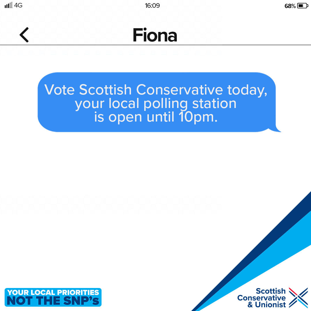 ScotTories's tweet photo. Just THREE HOURS LEFT to lock the SNP out of power in councils across Scotland.
#LocalVoteTory https://t.co/99v57OhS6f