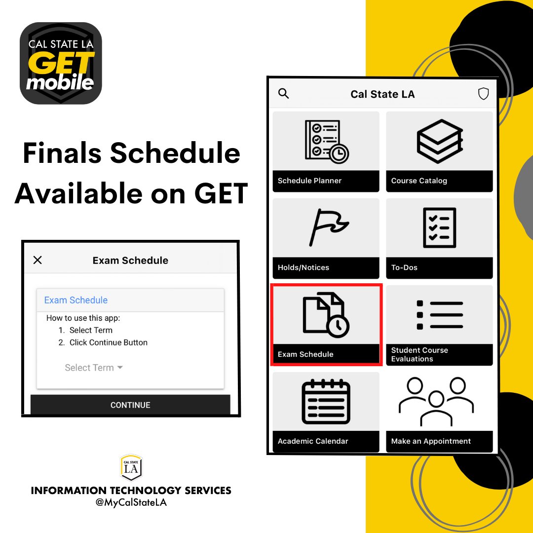 MyCalStateLA's tweet photo. Hey #CalStateLA students, as finals are quicker approaching, be proactive and utilize the #GETmobile app. Have access to your finals schedule on-the-go. Type "calstatela" without space when searching from your app store. Check out your finals schedule today! #ITS #MyCalStateLA https://t.co/W9o6YzfOzJ