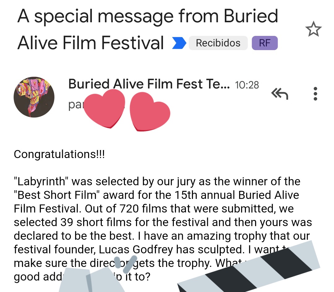 Raccord_Films's tweet photo. We are so excited to announce that #Labyrinth, our shortfilm directed by @pitermorei has won Best short at the @BuriedAliveFF from around 700 
It's incredible news!
Congrats to the crew! https://t.co/g1RZVh1aHs