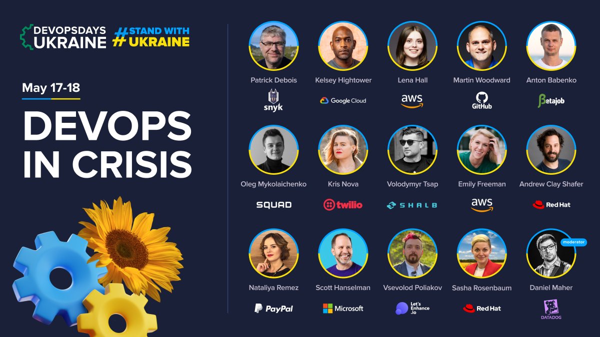 devopsdays_kyiv's tweet photo. It’s DevOpsDays #StandWithUkraine on May 17-18th. 
Register for free to listen about #DevOps in crisis from world’s top experts (just take a look at our once-a-life-format lineup!) and donate to support #freedom in #Ukraine. 

Сommunity, join us and share!
https://t.co/eZdFLftOh1 https://t.co/JYuw0haS5W