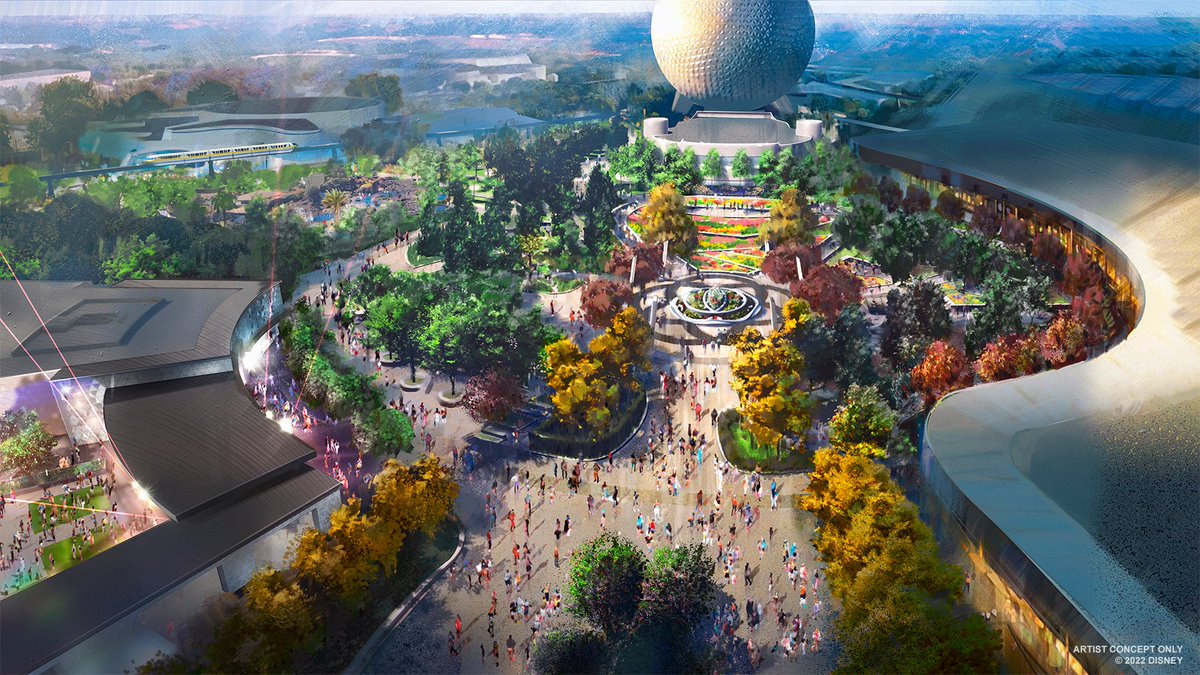 DisneyParks's tweet photo. JUST RELEASED! 👀 See how the transformation of EPCOT 🌐 will take shape as you walk past Spaceship Earth and begin your journey through the park with these new artist concept renderings: https://t.co/Pq706apHr2 https://t.co/l16Mkr4gOg