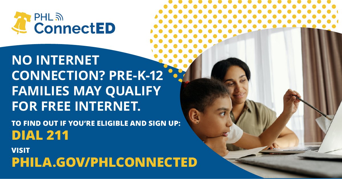 PHLfamilies's tweet photo. #PHLConnectED is a city-wide program to help Pre-K–12 student households get connected. 📲 If you know a Pre-K-12 family without reliable internet access, tell them to dial 2-1-1. For language services, press 8. To learn more: https://t.co/8Xy4yGUmiu https://t.co/gZzSKatOVx