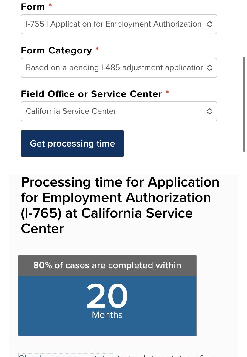 SpeakSamuel's tweet photo. California Service Center takes 20 months to process work permits for people with a pending card. https://t.co/b2vSkJs91x