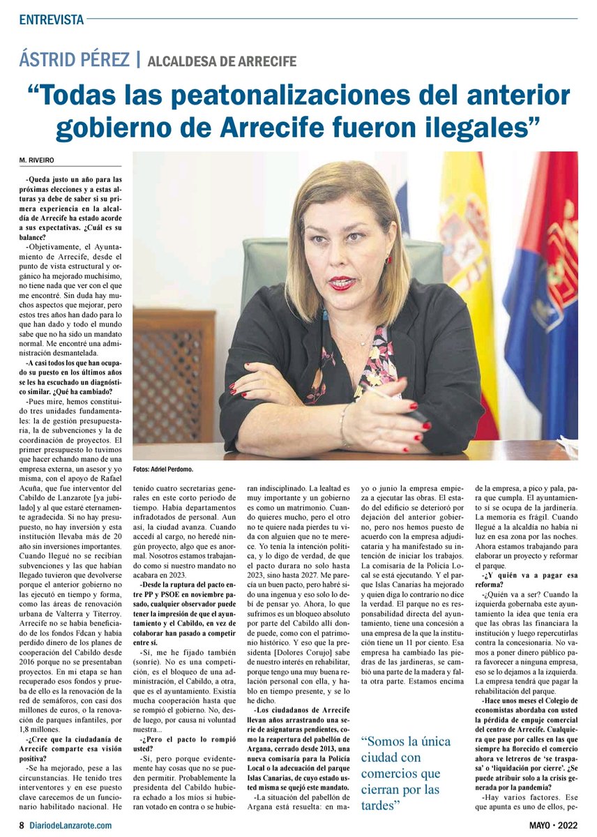 AlcaldesaAstrid's tweet photo. 📰 Les dejo por aquí la entrevista realizada por Manu Riveiro para el @DiariodeLZ, en la que analizo las cuestiones más importantes de nuestra Ciudad.

#transformación #construyendoArrecife #Arrecife #capital #ciudad #activandoarrecife https://t.co/GP8CiYuBds