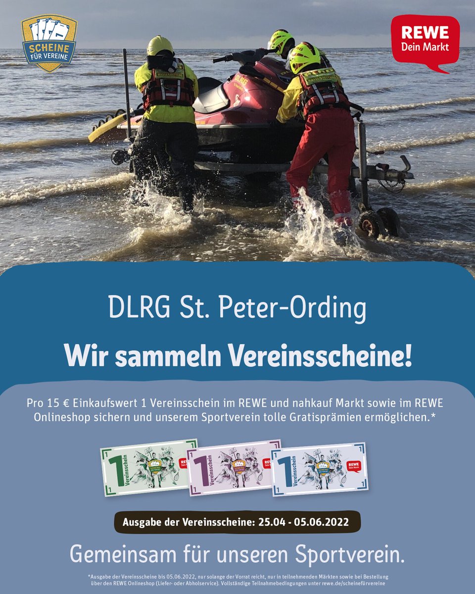 Aktion "Scheine für Vereine" von REWE. Wir sind wieder mit dabei! Vielen Dank für Eure Unterstützung! Ihr könnt die Scheine in unsere Box im REWE-Markt St. Peter-Ording abgeben oder uns diese per Post oder per E-Mail (info@spo.dlrg.de) bis zum 05.06.2022 zusenden.