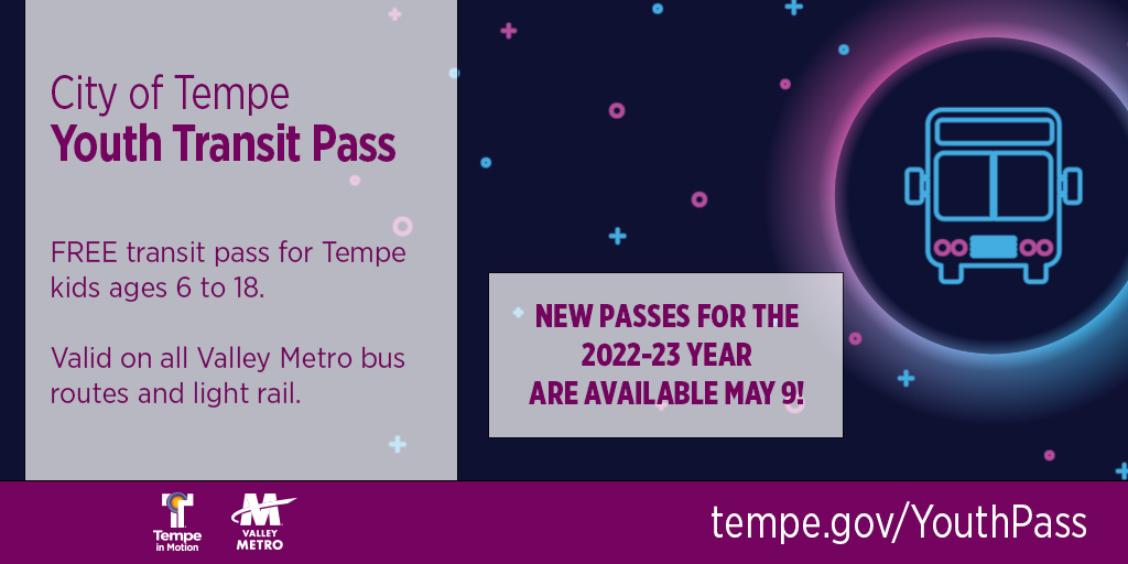 Starting today, Tempe is issuing new Youth Transit Passes for the 2022-23 year. Tempe and Guadalupe kids, ages 6-18, can sign up for a free pass and ride the light rail, Streetcar and all <a href="/valleymetro/">Valley Metro</a> buses for free. 
Info: mailchi.mp/tempe/youthtra…
