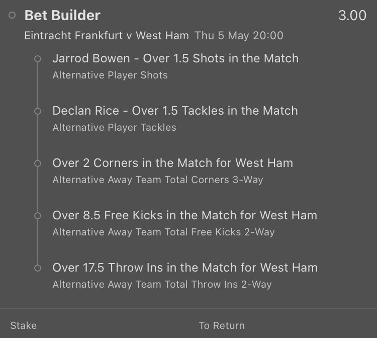 BetBuilder_'s tweet photo. Frankfurt v West Ham 
2/1 🔒 
Bowen Shots:1, 3, 3, 4, 0, 1, 2, 2, 3

Frankfurt Corners conceded: 4, 8, 7, 4, 5

Frankfurt Free kicks conceded:9, 11, 13, 9, 18

West Ham throw ins: 23, 27, 17, 27, 15

Rice tackles in UEL: 4, 1, 3, 3, 2, 3, 3, 3, 2

Good Luck 👊 https://t.co/AdqniaTH6l