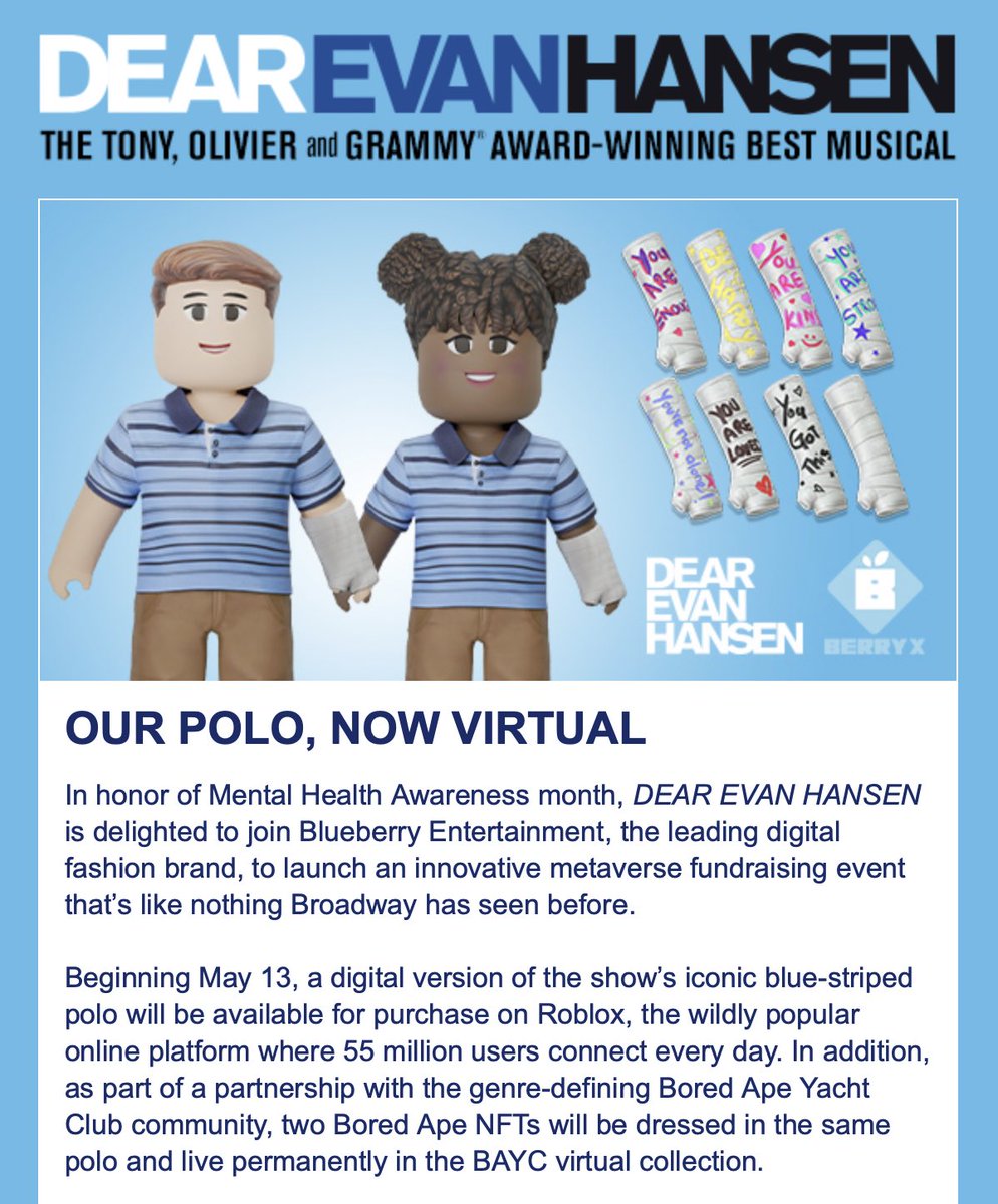 smhrbst's tweet photo. NOT A DEAR EVAN HANSEN NFT AND ROBLOX COLLAB FOR MENTAL HEALTH AWARENESS https://t.co/NgqnFBxtMY