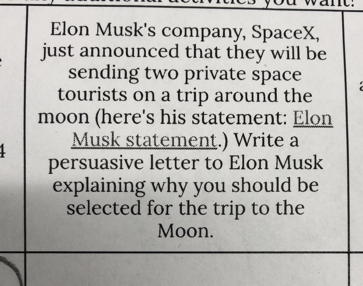 swindle4thgrade's tweet photo. End of the year science choice board activity and Victor chose to write a letter to @elonmusk @MorrisBrandonES #Space #Science #SpaceX https://t.co/TyaEHLere8