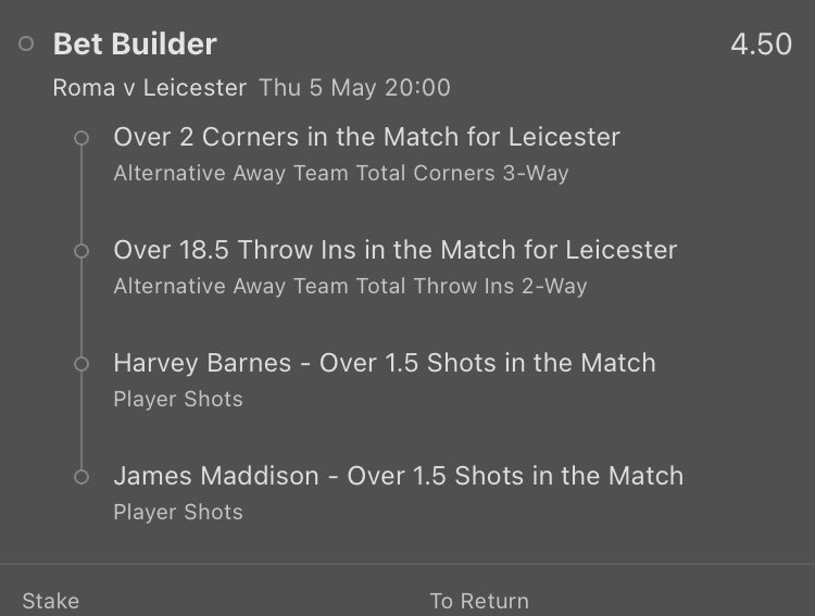 BetBuilder_'s tweet photo. Roma v Leicester 
9/2 🔒 
Roma Corners conceded:5, 11, 4, 5, 2

Leicester Throw ins: 19, 29, 28, 23, 28

Barnes shots: 2, 6, 1, 2, 4, 6, 4

Maddison Shots: 2, 5, 3, 0, 3, 0, 3

Good Luck 👊 https://t.co/obvxlgJmY5