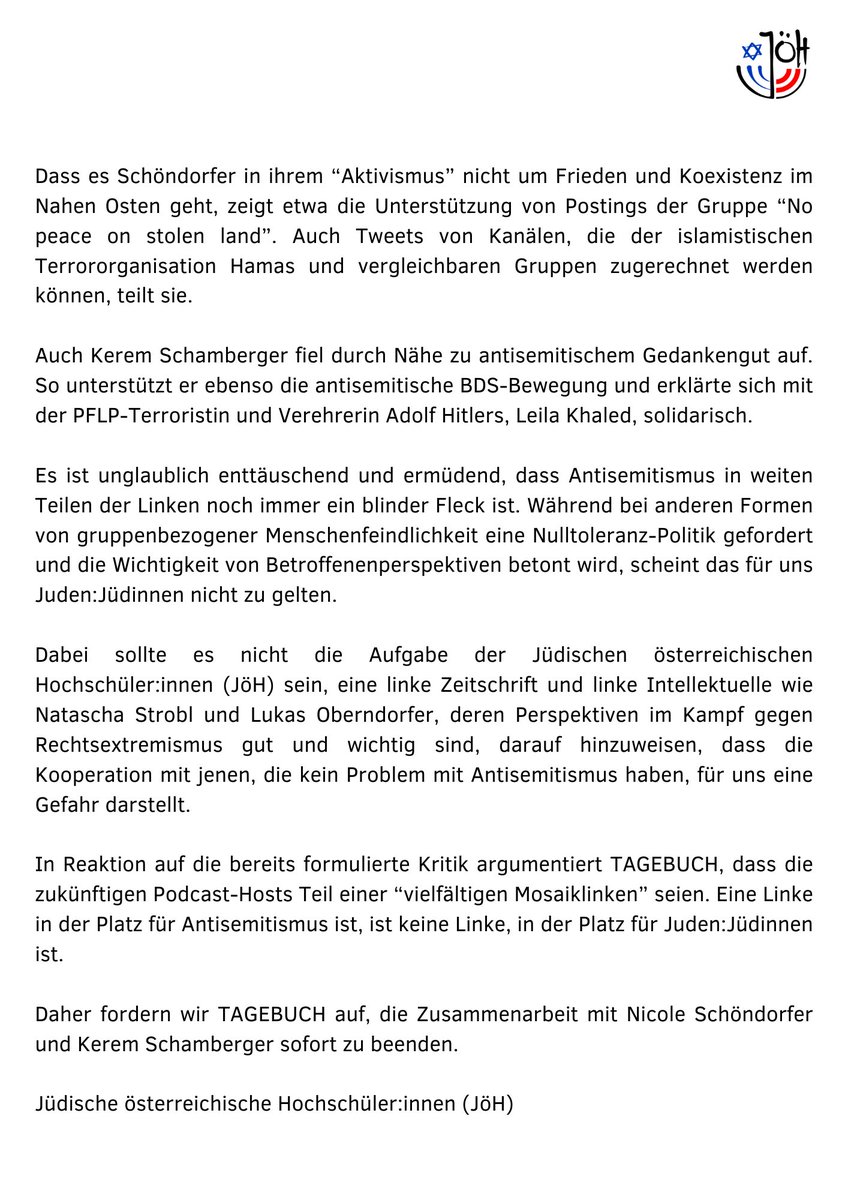joehwien's tweet photo. Unser offener Brief an die Zeitschrift @TAGEBUCHat: Wir fordern, die Zusammenarbeit mit @nicole_schoen und @KeremSchamberg sofort zu beenden. 
Eine Linke in der Platz für #Antisemitismus ist, ist keine Linke, in der Platz für Juden:Jüdinnen ist.
https://t.co/N2RrTU8QqA https://t.co/UsEFhW0bcf