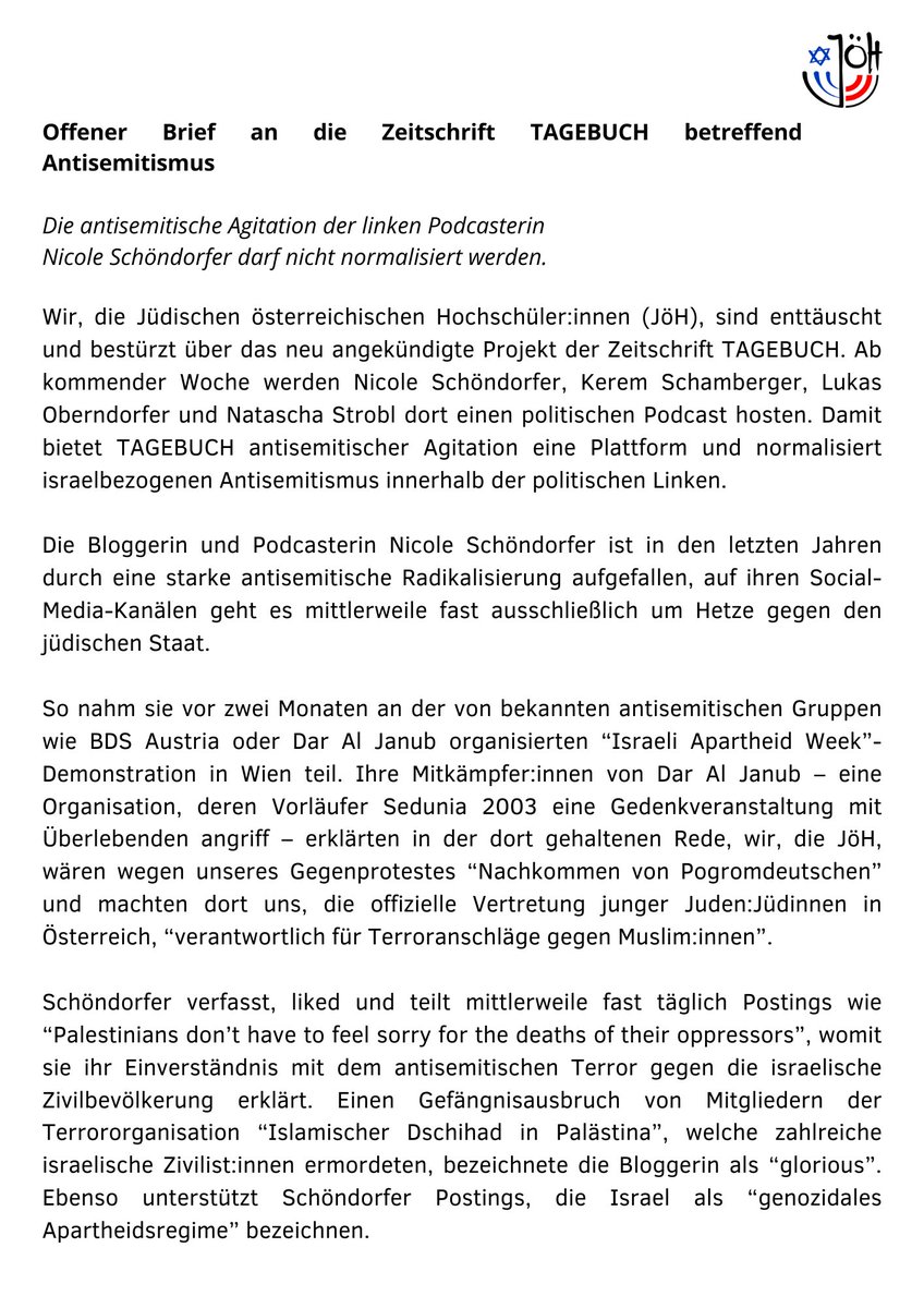 joehwien's tweet photo. Unser offener Brief an die Zeitschrift @TAGEBUCHat: Wir fordern, die Zusammenarbeit mit @nicole_schoen und @KeremSchamberg sofort zu beenden. 
Eine Linke in der Platz für #Antisemitismus ist, ist keine Linke, in der Platz für Juden:Jüdinnen ist.
https://t.co/N2RrTU8QqA https://t.co/UsEFhW0bcf