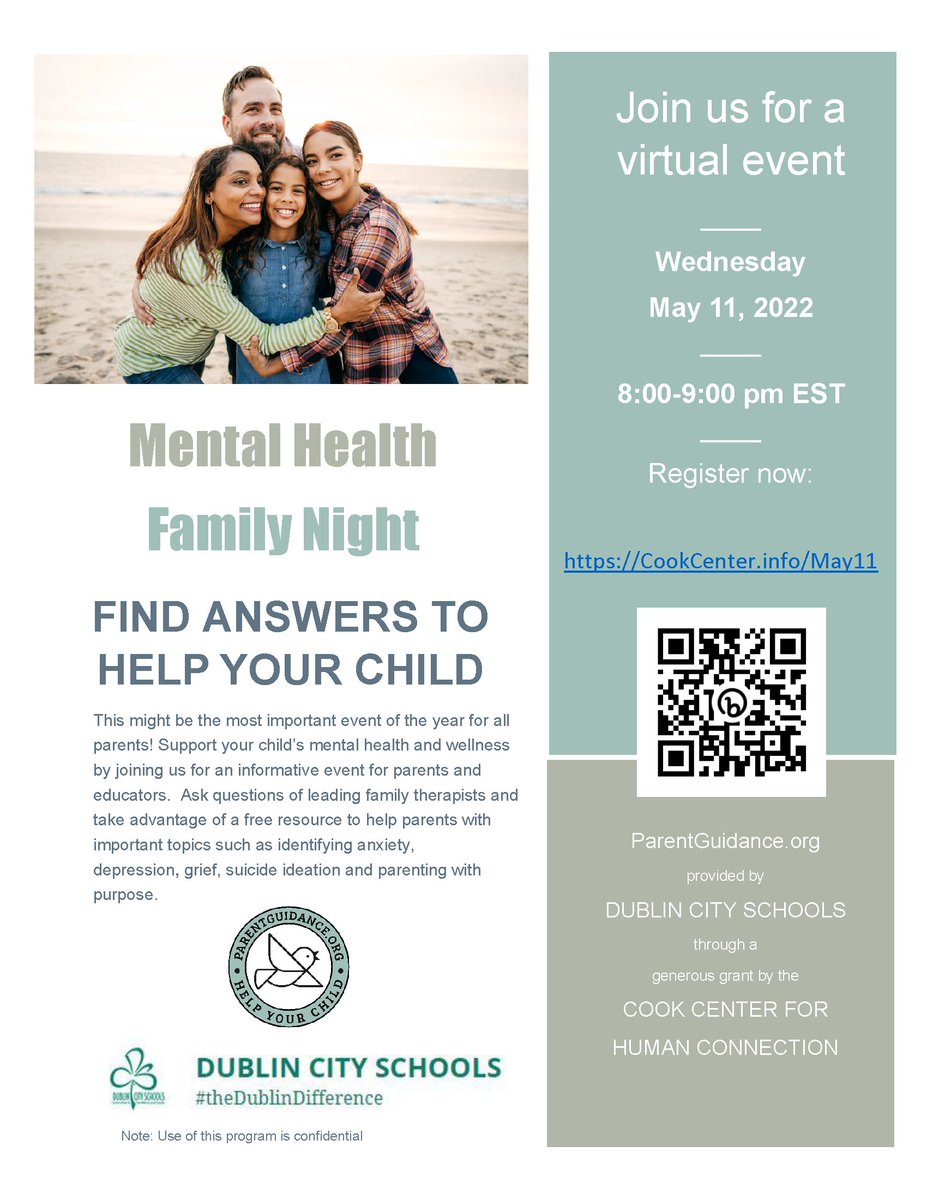 DublinSchools's tweet photo. Family Mental Health Night featuring Dr. Kevin Skinner is on May 11 at 8 p.m. Check out the flyer for more information! https://t.co/89D51mnP4M